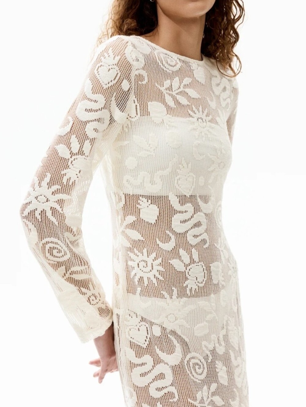 NWT H&M Sheer Ivory Patterned Mesh Long-Sleeve Dress Swim Cover Up Sz M